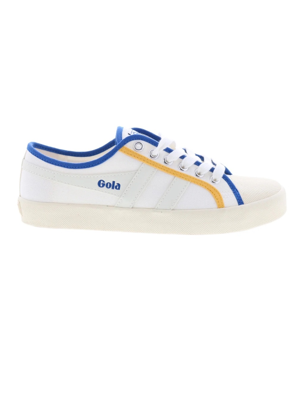 Gola - Coaster Smash White Canvas Sneaker with Blue & Yellow Trim. Size 7